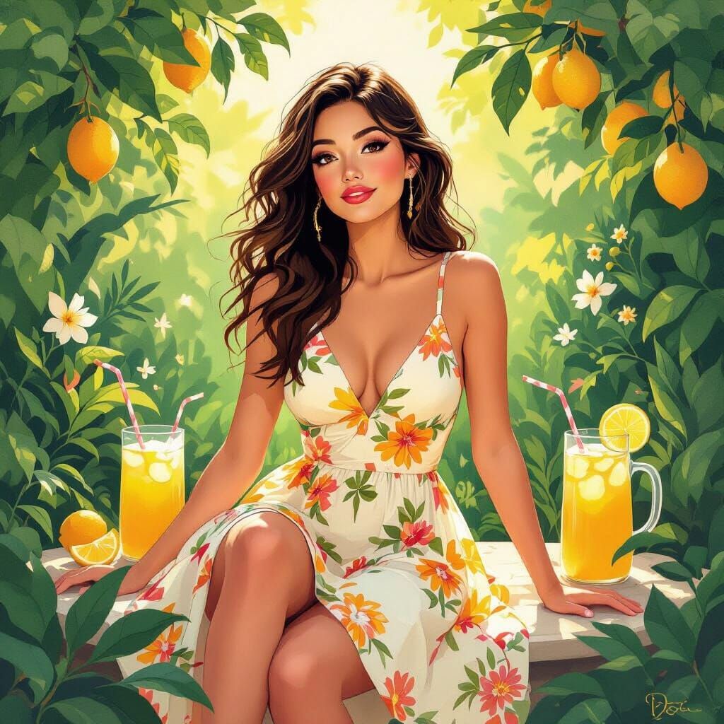 Woman in Sundress with Lemonade, Whimsical Art Style