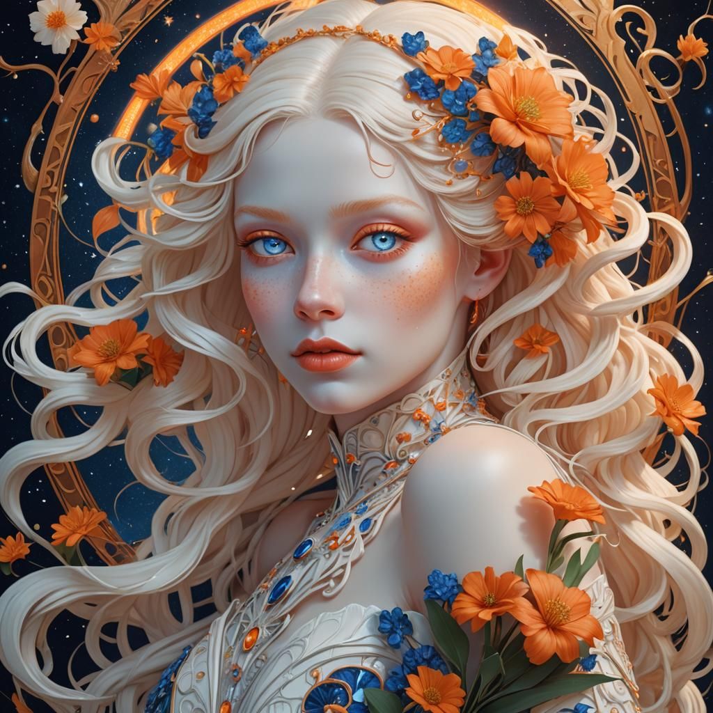 Albino Girl with Flowers in Art Nouveau Style