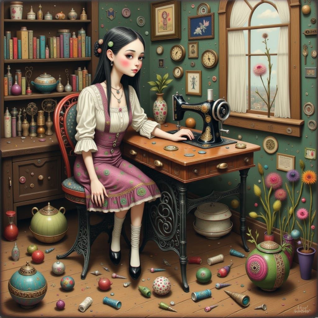 Anxious Woman with Vintage Sewing Notions