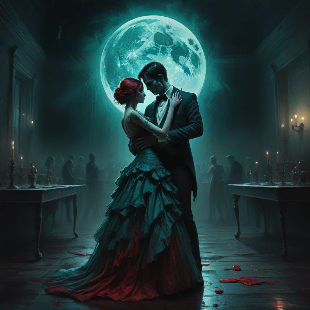 Zombie Prom Couple Dancing in Eerie Gothic Ballroom