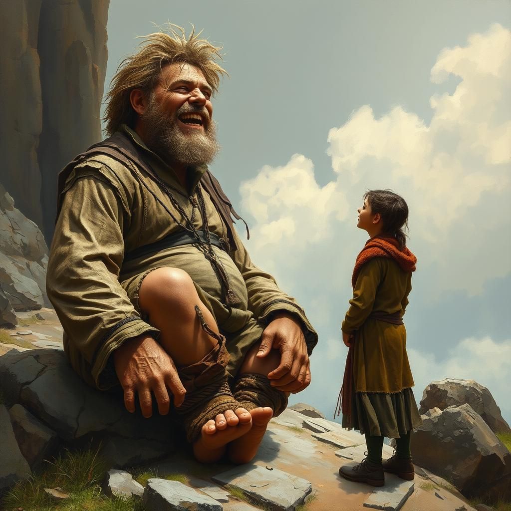 Laughing Giant Talking to Villagers: Oil Painting