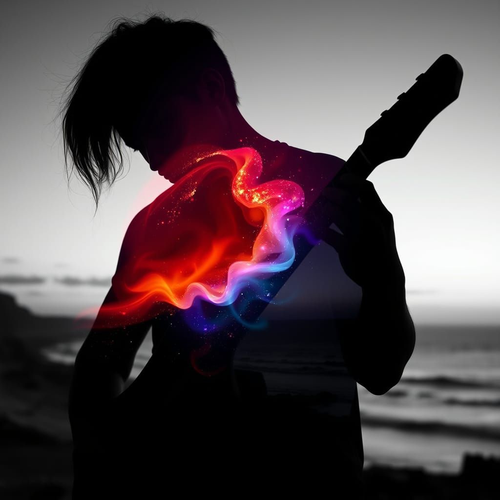 Guitarist Silhouette Merged With Sunset Coast