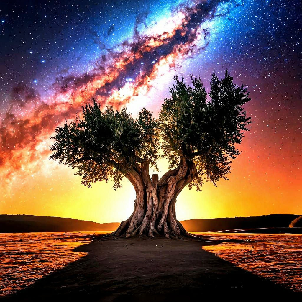 Ancient Olive Tree Under Starry Skies at Sunset