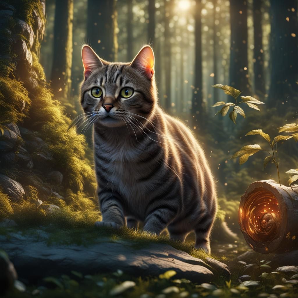 Tabby Cat's Forest Adventure: Detailed Matte Painting