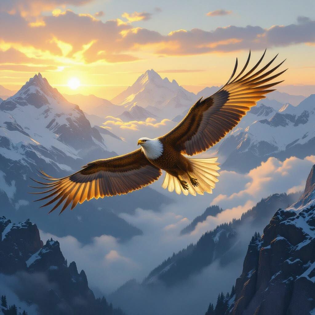 Majestic Griffin Soars Over Misty Mountains at Dawn