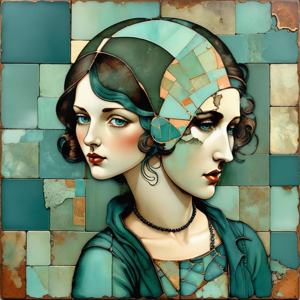 Portrait archeologist mysterious classical grunge verdigris tiles mixed media collage Gerda Wegener