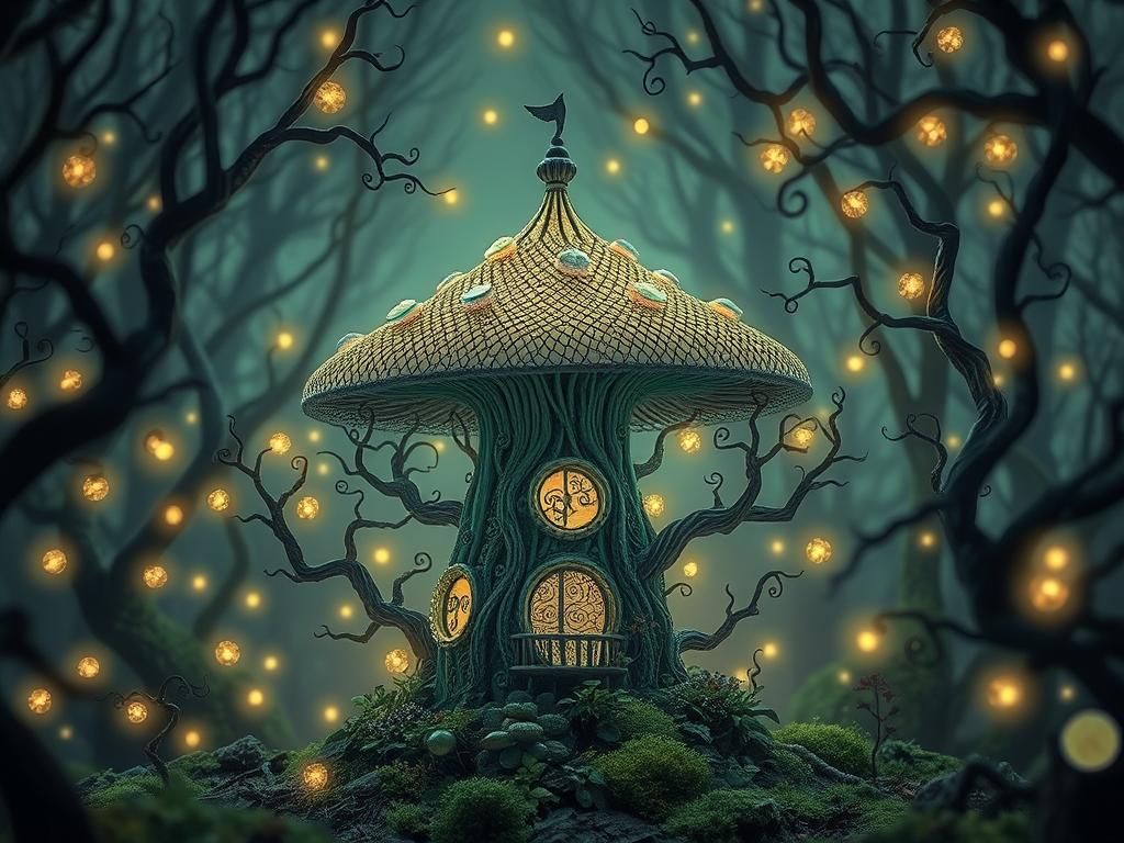 A surreal fairy mushroom house in an enchanted bioluminescen...