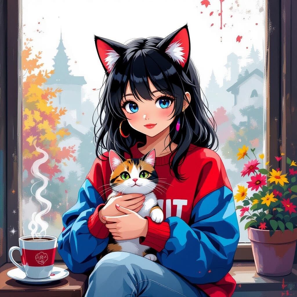 Anime Girl with Cat Ears and Cat by Window