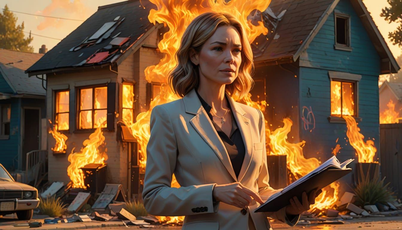 Karen Watching House Burn: 3D Render in Pixar Style