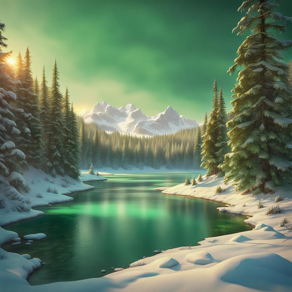Emerald Frozen Lake at Winter Sunset