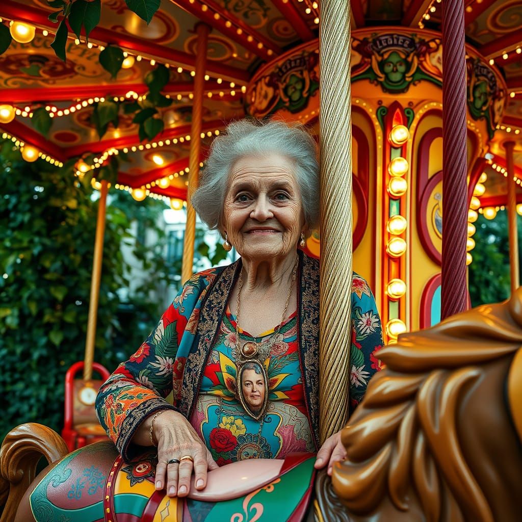 Joyful Woman on Carousel in Lowbrow Art Style