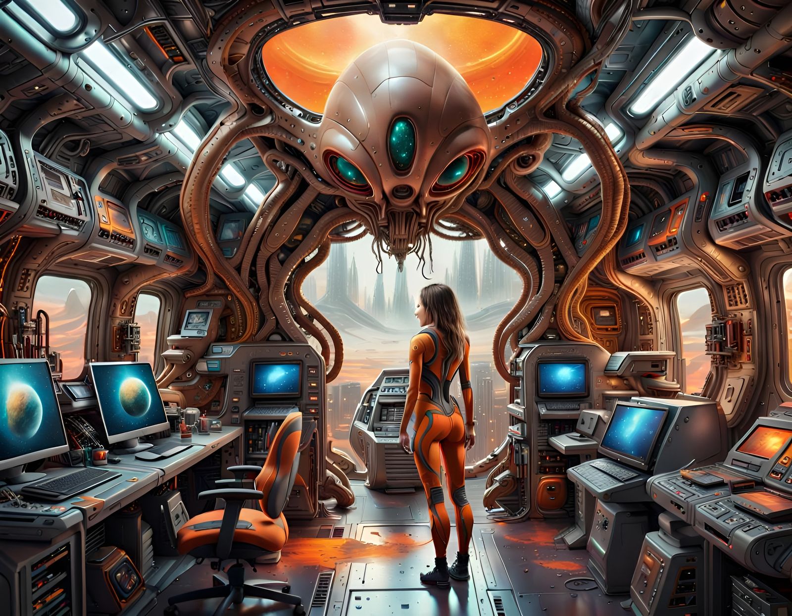 Biomechanical Alien Female in Spaceship Interior