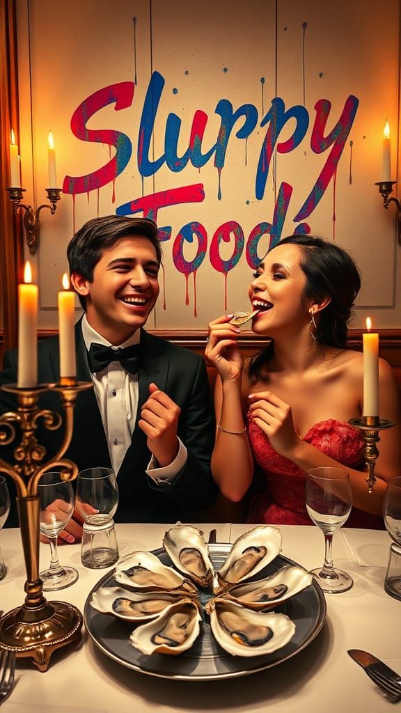A young Couple Sits at a Candlelit Table in a High-end Restaurant, Slurping Oysters.