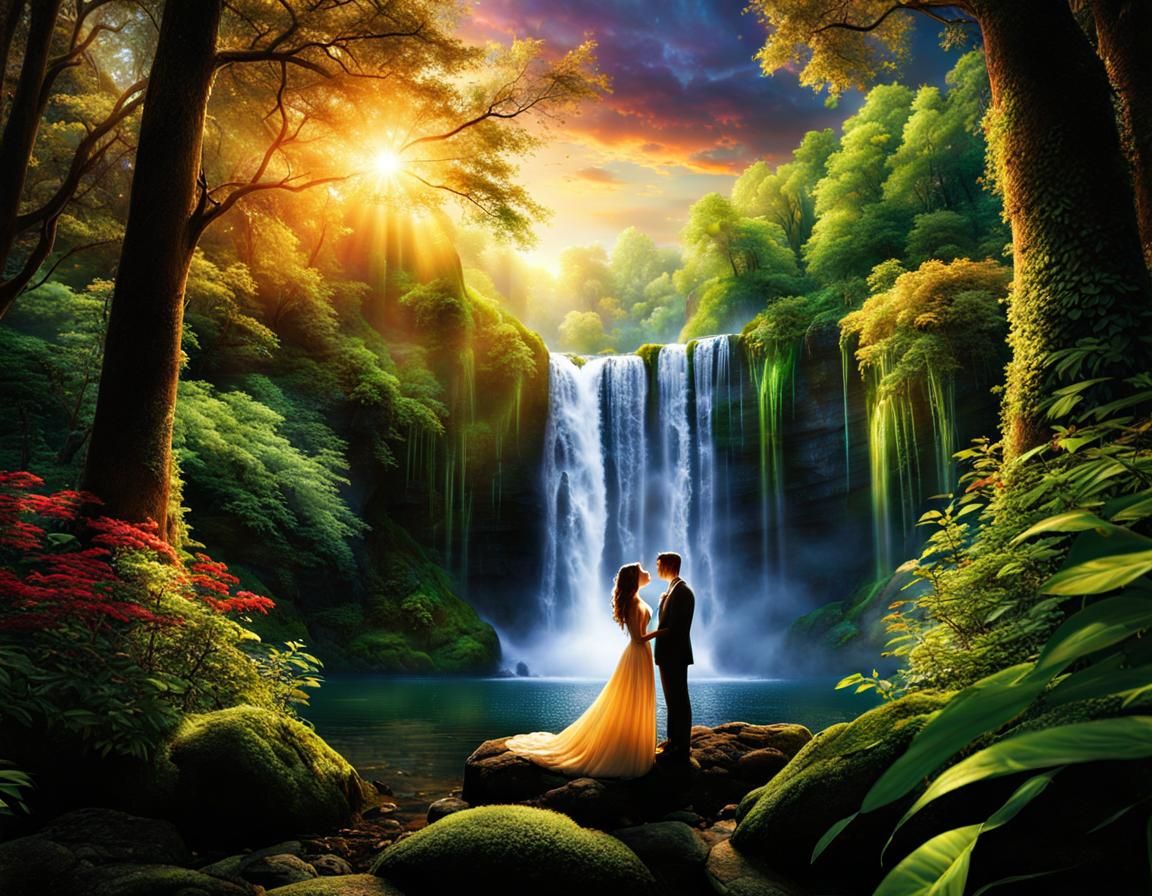 Romantic Couple's Kiss in Enchanted Forest Kingdom