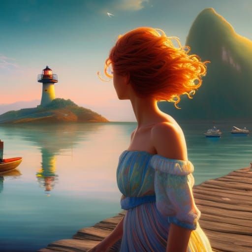 Girl in Water with Lighthouse, Watercolor Oil Painting