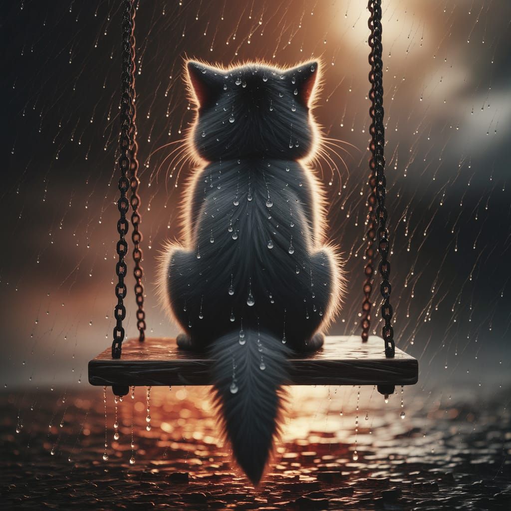 Whimsical Kitten Sits Serenely on Rainy Swing in Warm Oil Pa...