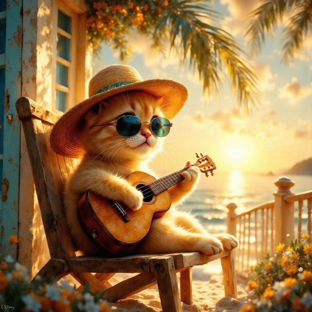 Kitten Plays Ukulele at Sunset in Ethereal Style
