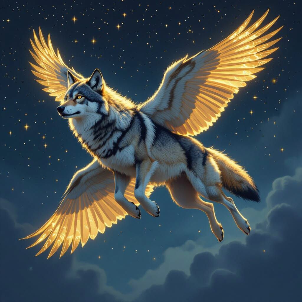 Wolf with Gold Wings Soaring in Starry Sky