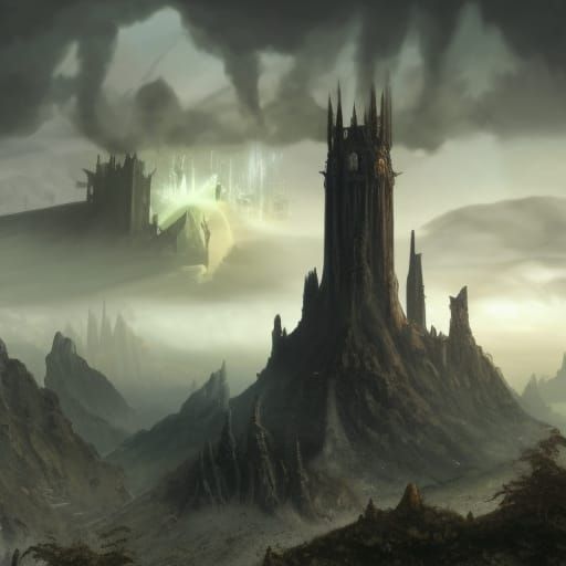 Sinister Dark Castle Tower in Ruined Cosmic Landscape