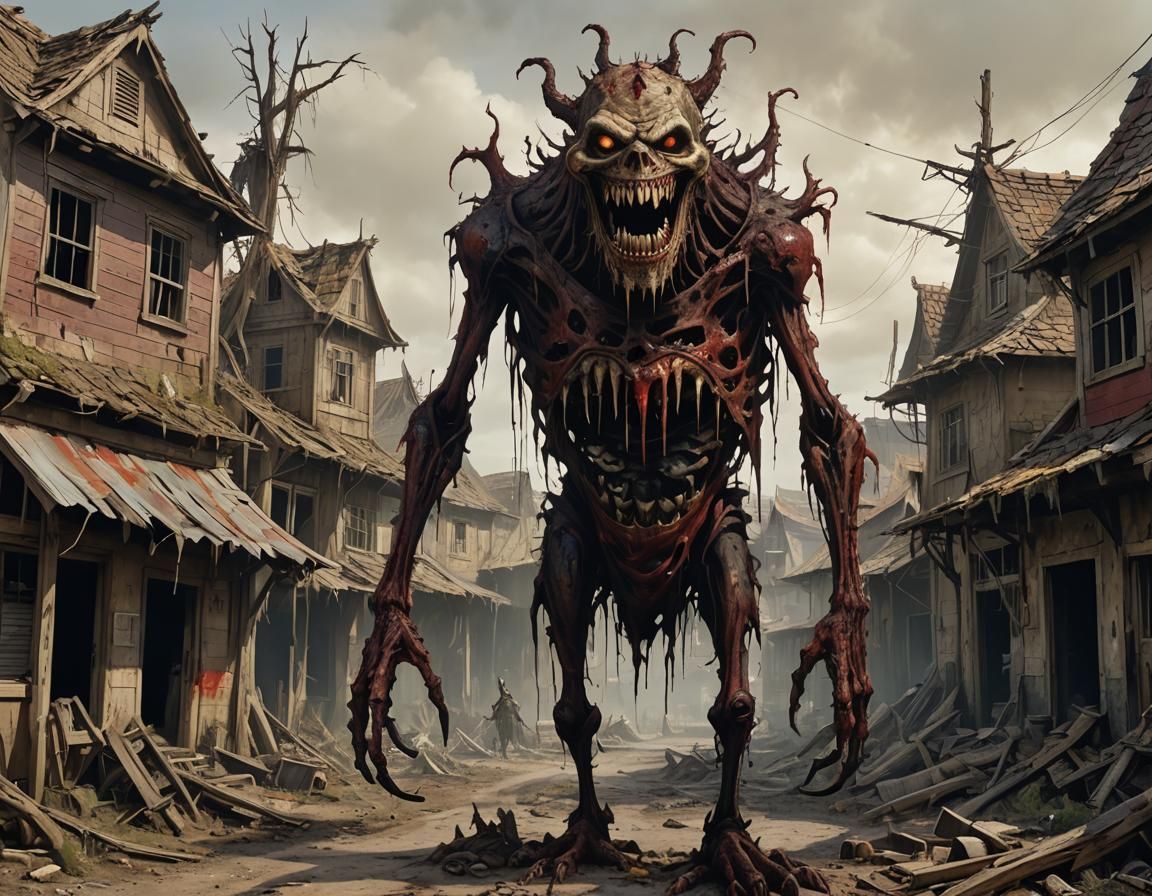 Grotesque Towering Creature in Decayed Village