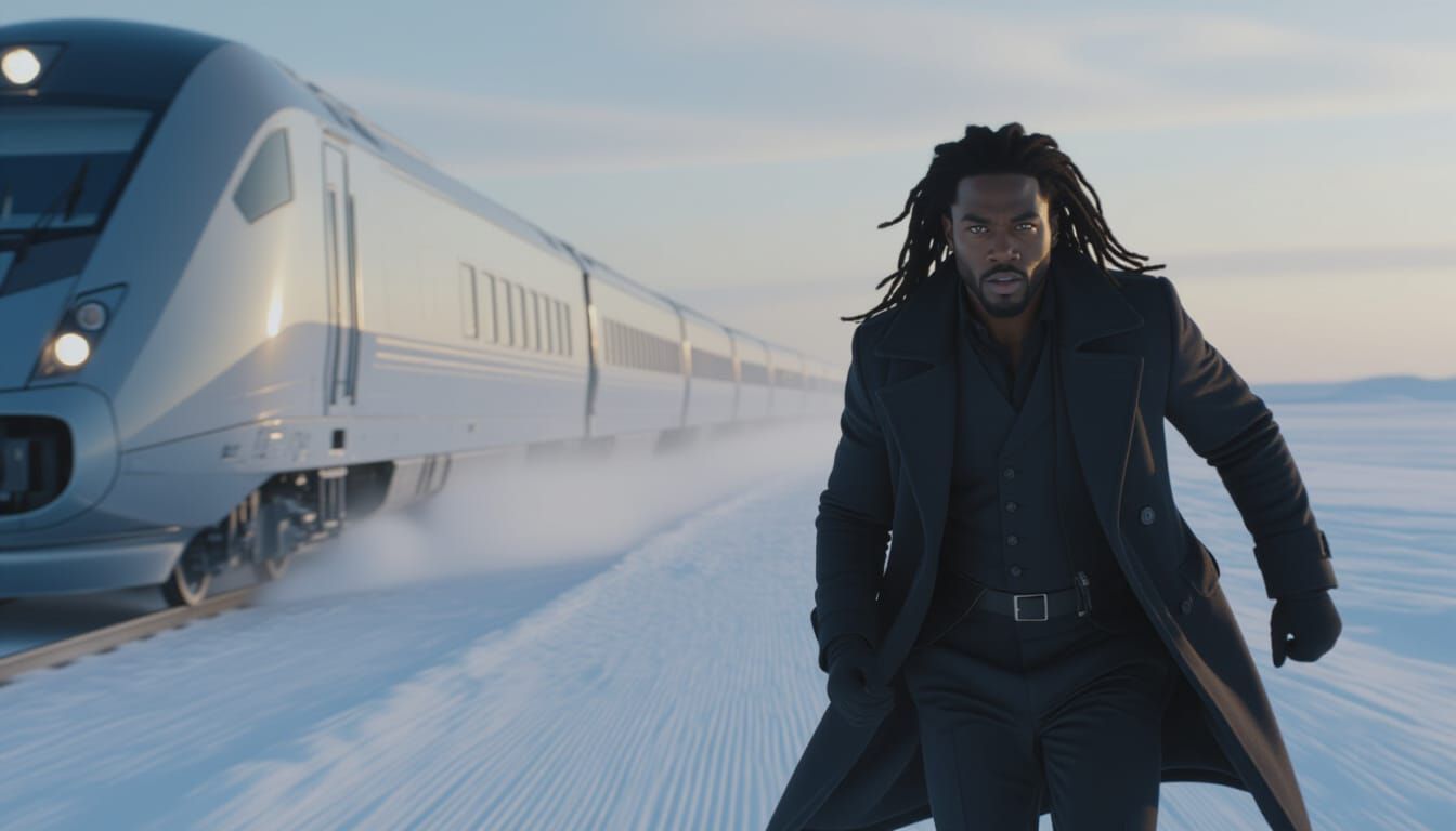 Detective Chasing Suspect on Futuristic Snowpiercer Train