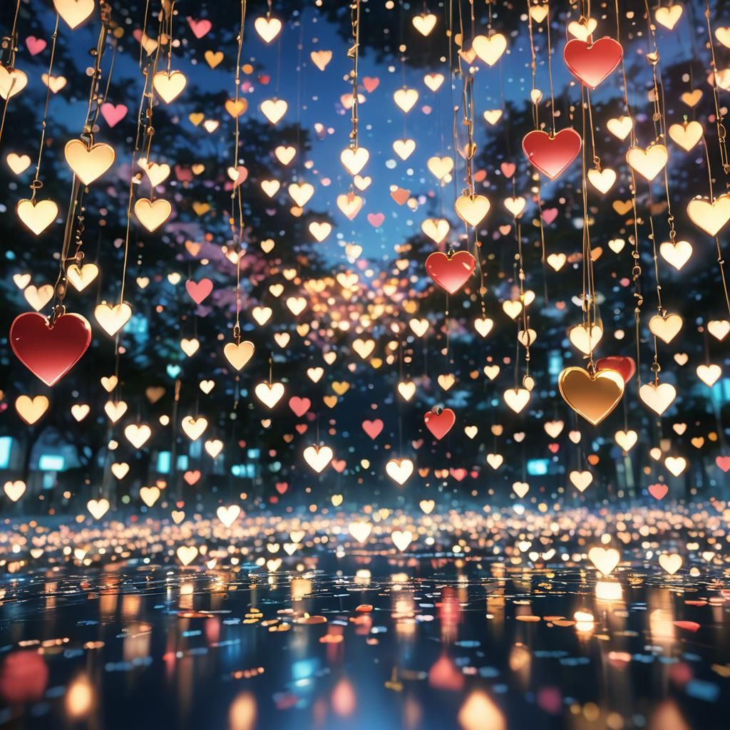 Anime Hearts in Dreamy Bokeh Lights