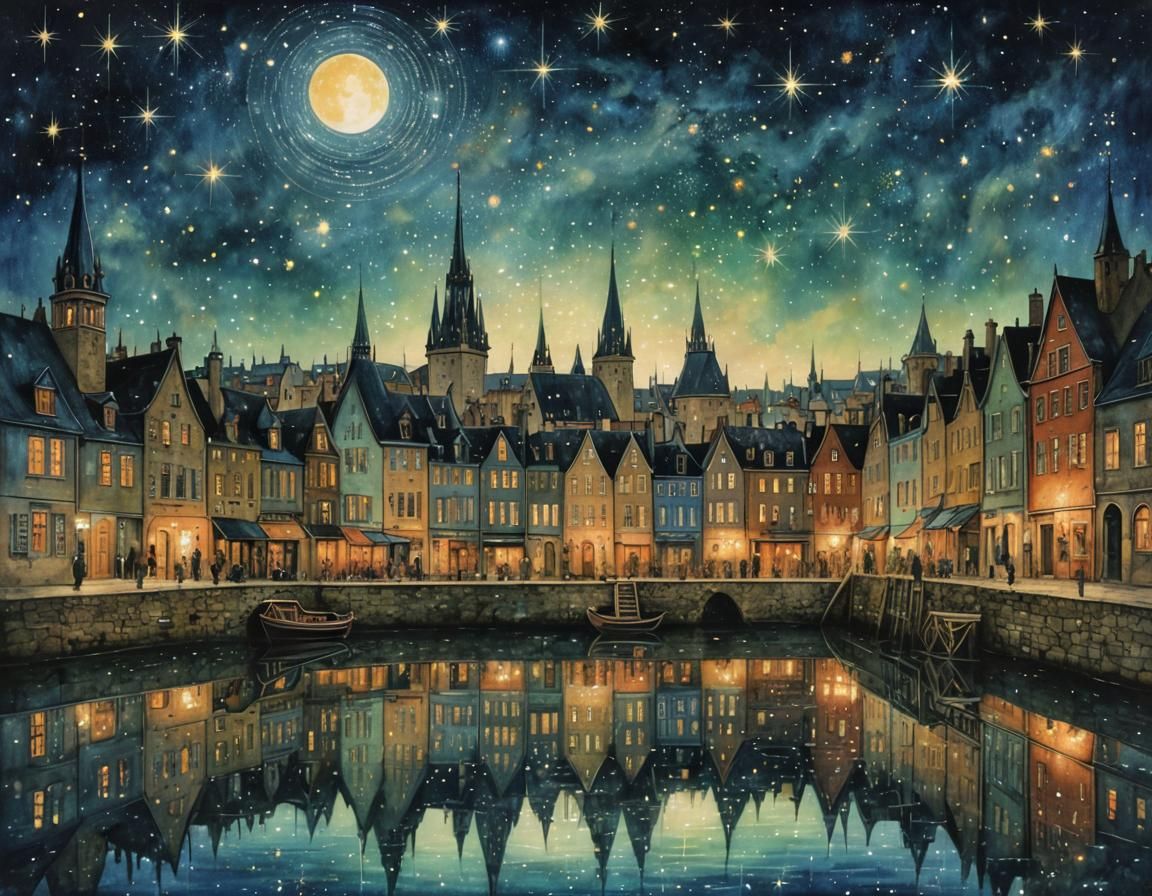Starry Townscape in Fantasy Art Style