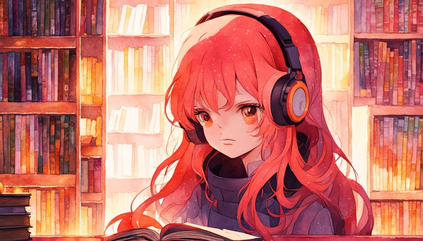 Anime Girl Reading Book in Soft Pink Light