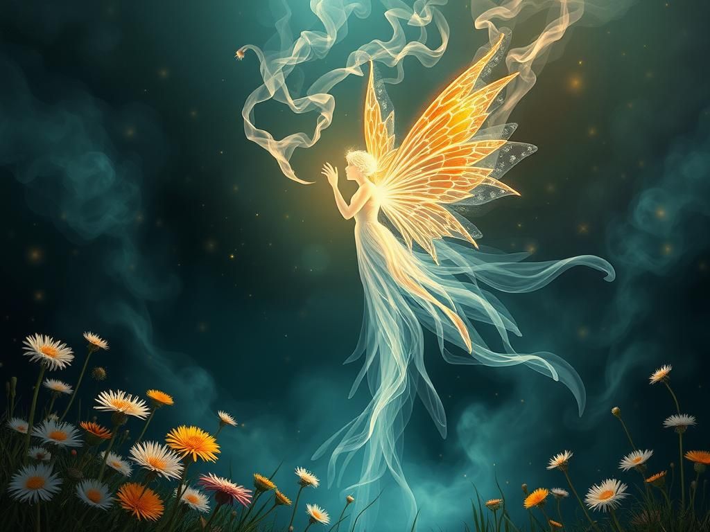 Ethereal Fairy with Light Fountain in Naif Style