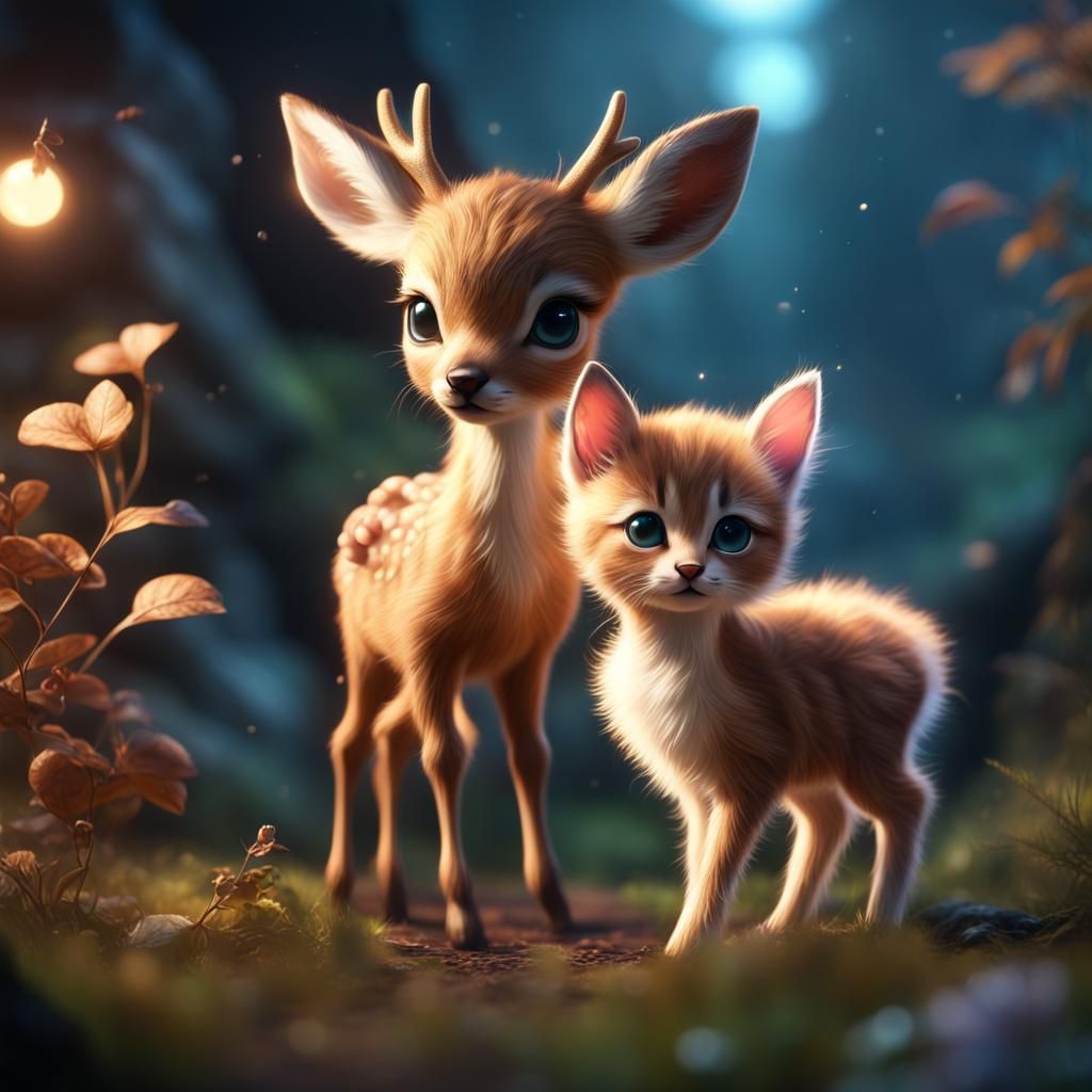 Adorable Kitten and Baby Deer: a Matte Painting