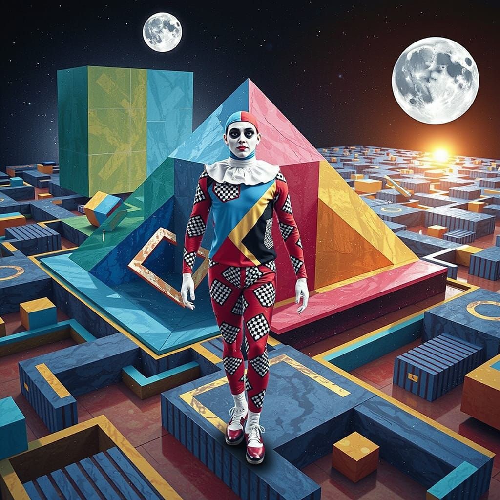Harlequin Figure in Hypnotic Geometric Maze