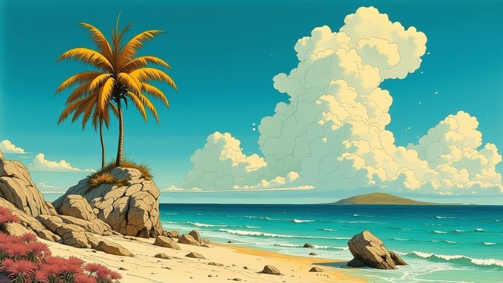 Surreal Desert Oasis in a Moebius-Inspired, Sci-Fi Landscape