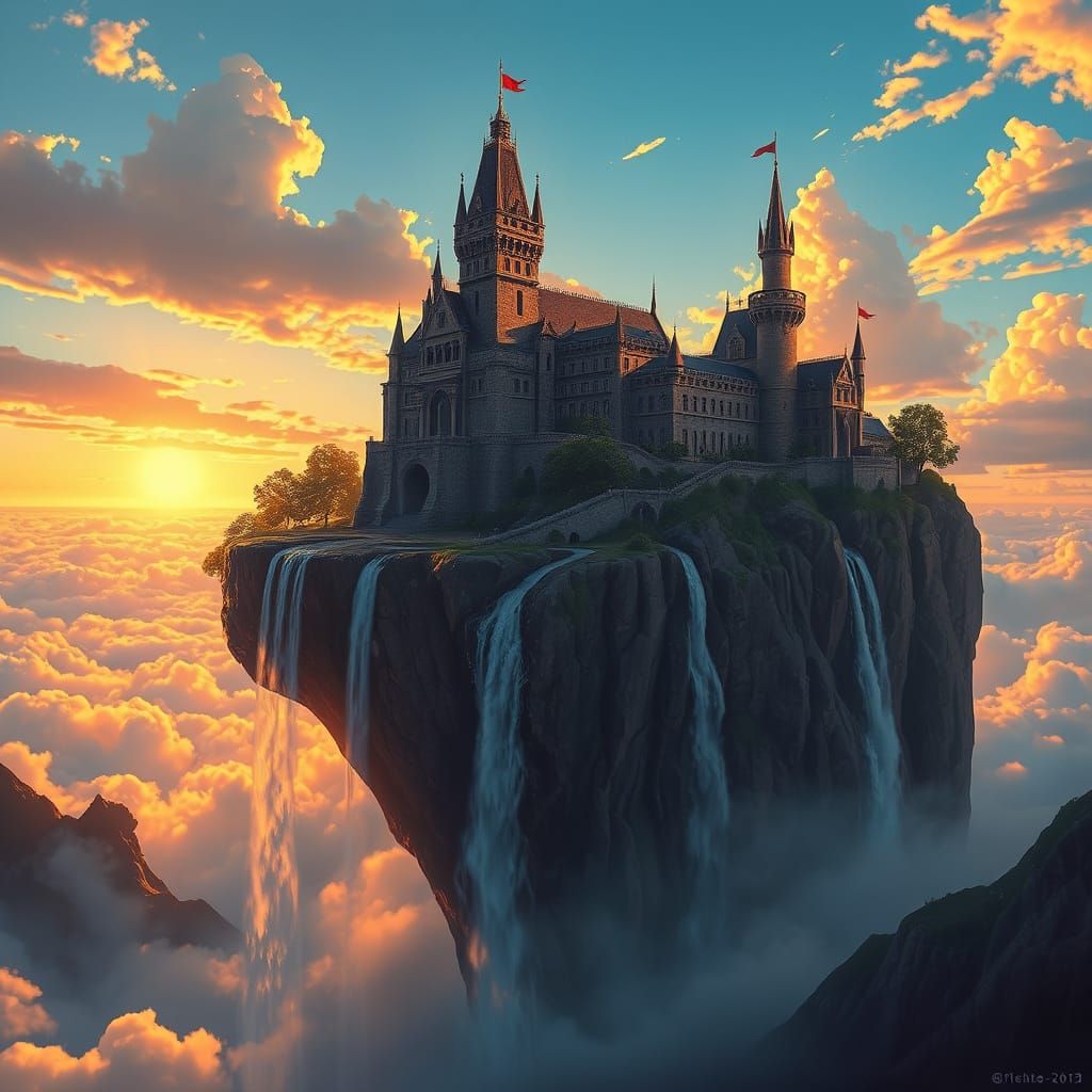 Ancient Castle on Floating Rock at Sunrise Digital Painting
