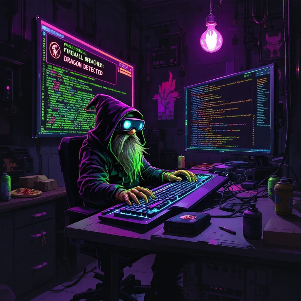 Gnome Hacker in Cyberpunk Den Typing Code