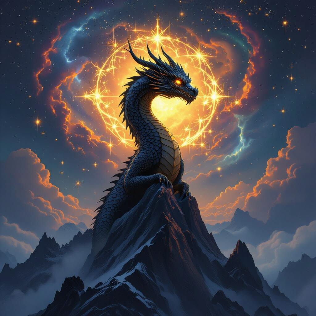 Colossal Obsidian Dragon in Starry Night Sky