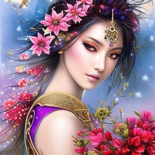 Fighter Girl with Galactic Flowers and Wolf