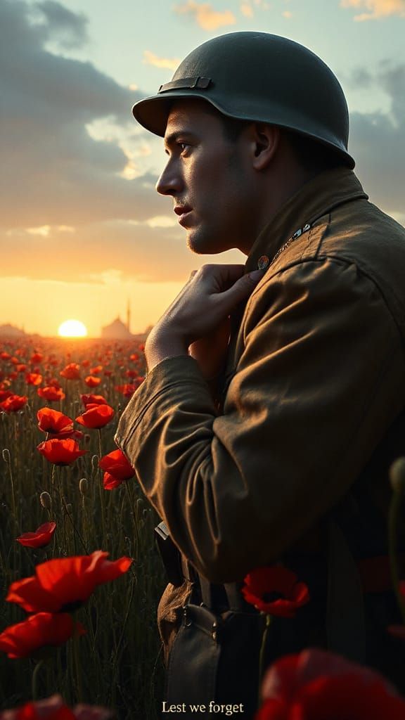 WW2 Soldier Honors the Fallen in a Field of Poppies