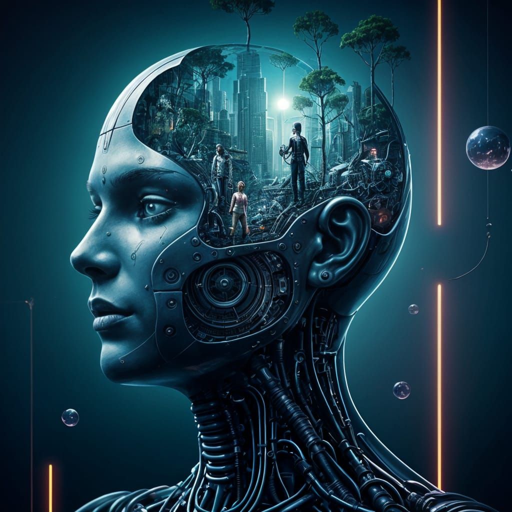 A surreal scenario: a large side-view human head with cyborg...