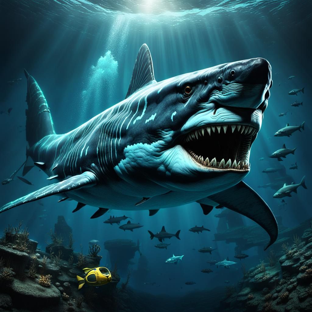 a big and more roaring megalodon in the deep water. The megalodon is chasing a submarine he's behind the submarine