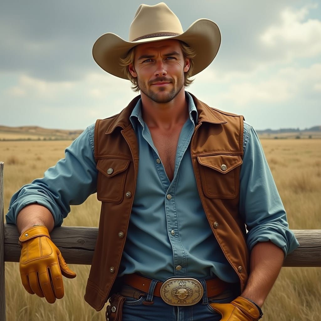 Rugged Cowboy in Western Vest and Hatband