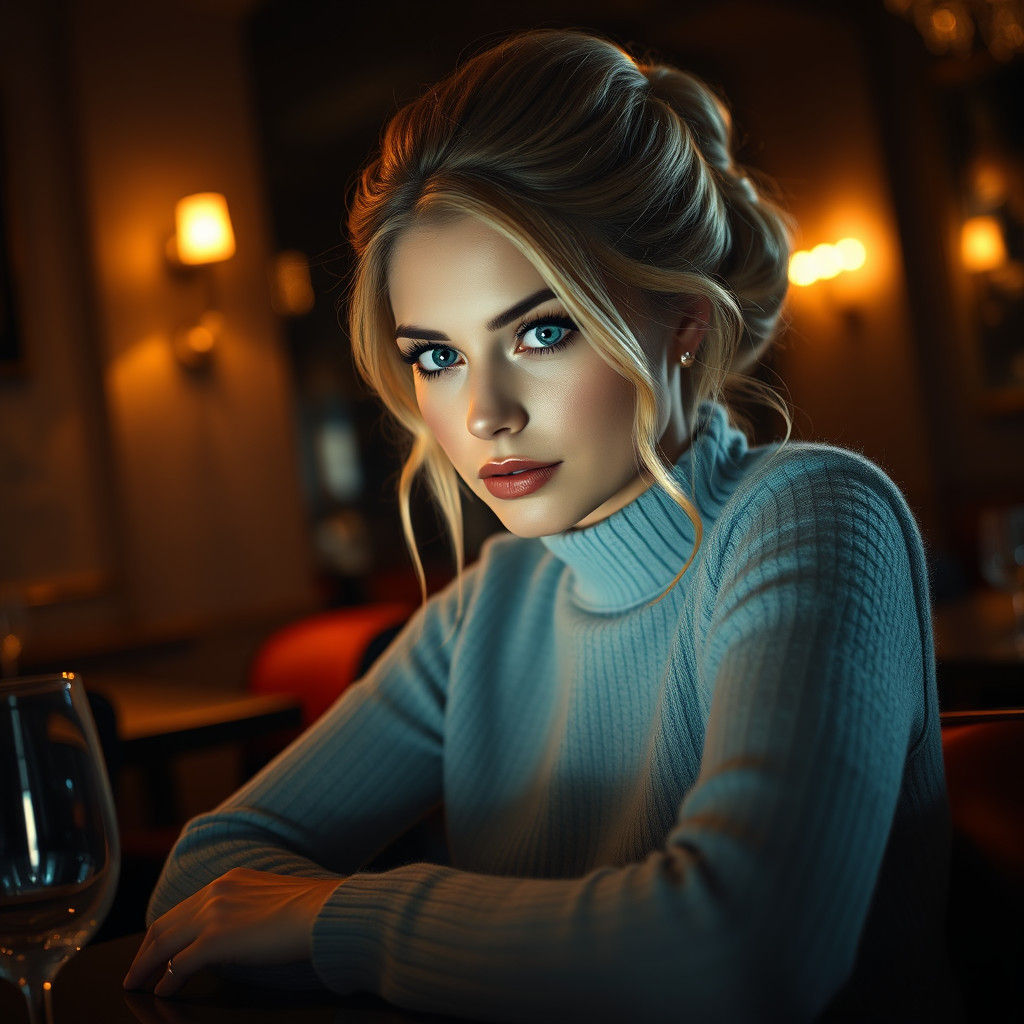 Elegant Blond Woman in Blue Cashmere, Matte Painting