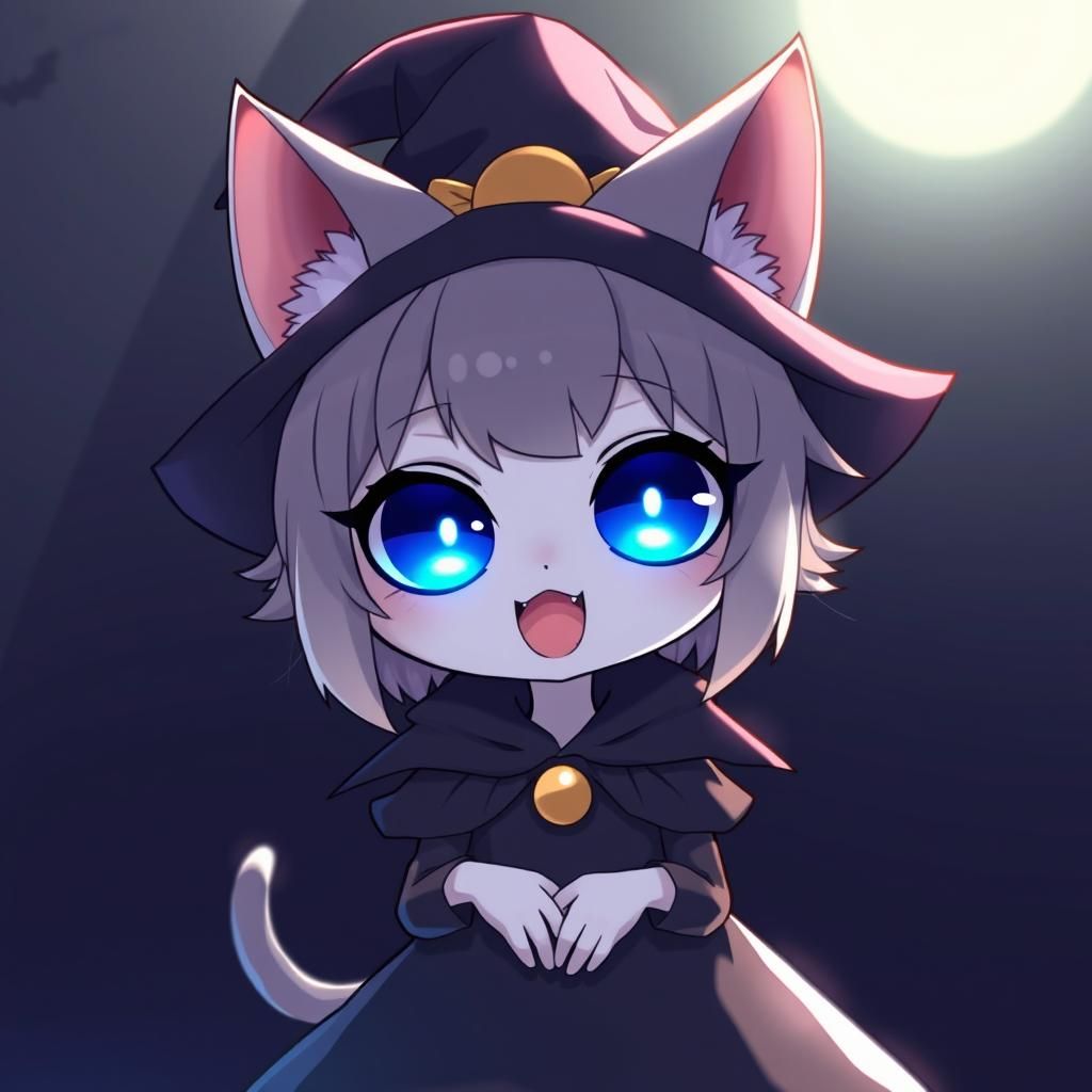 Anime Catgirl with Glowing Eyes in Witch Costume