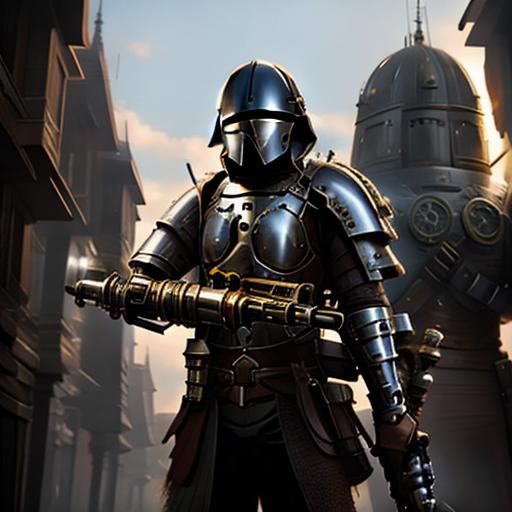 Mandalorian with Bowcaster in Medieval Steampunk Style