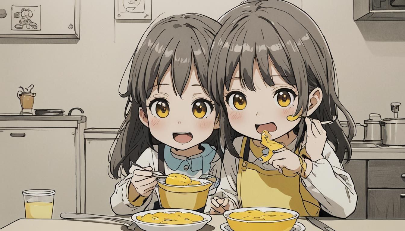 Cartoon Girl Eating Pudding in Anime Style