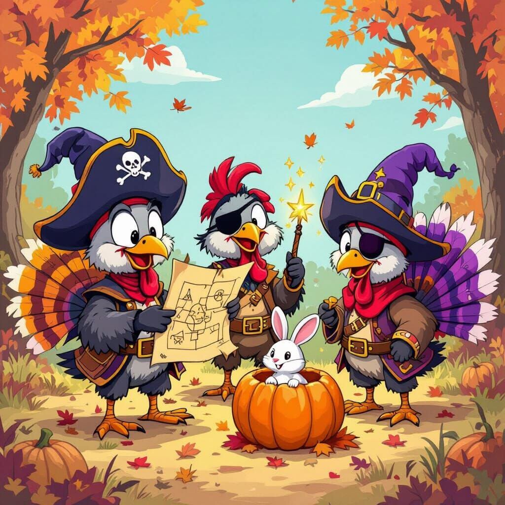 Cartoon Pirate Turkeys on Fall Treasure Hunt