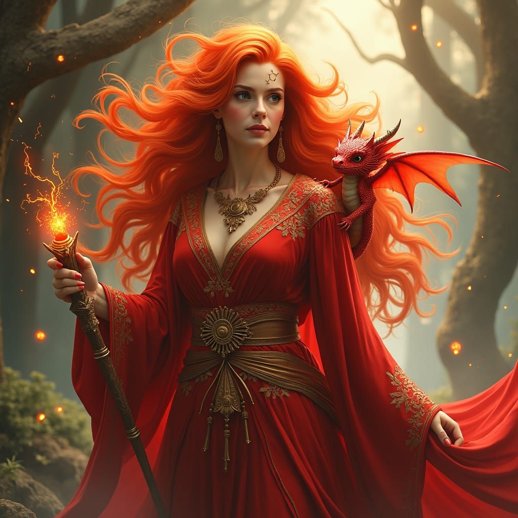 Fiery Sorceress with Baby Dragon, in Whimsical Style