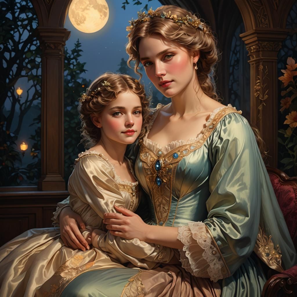 Moonlit Mother and Daughter Portrait in Art Nouveau Style