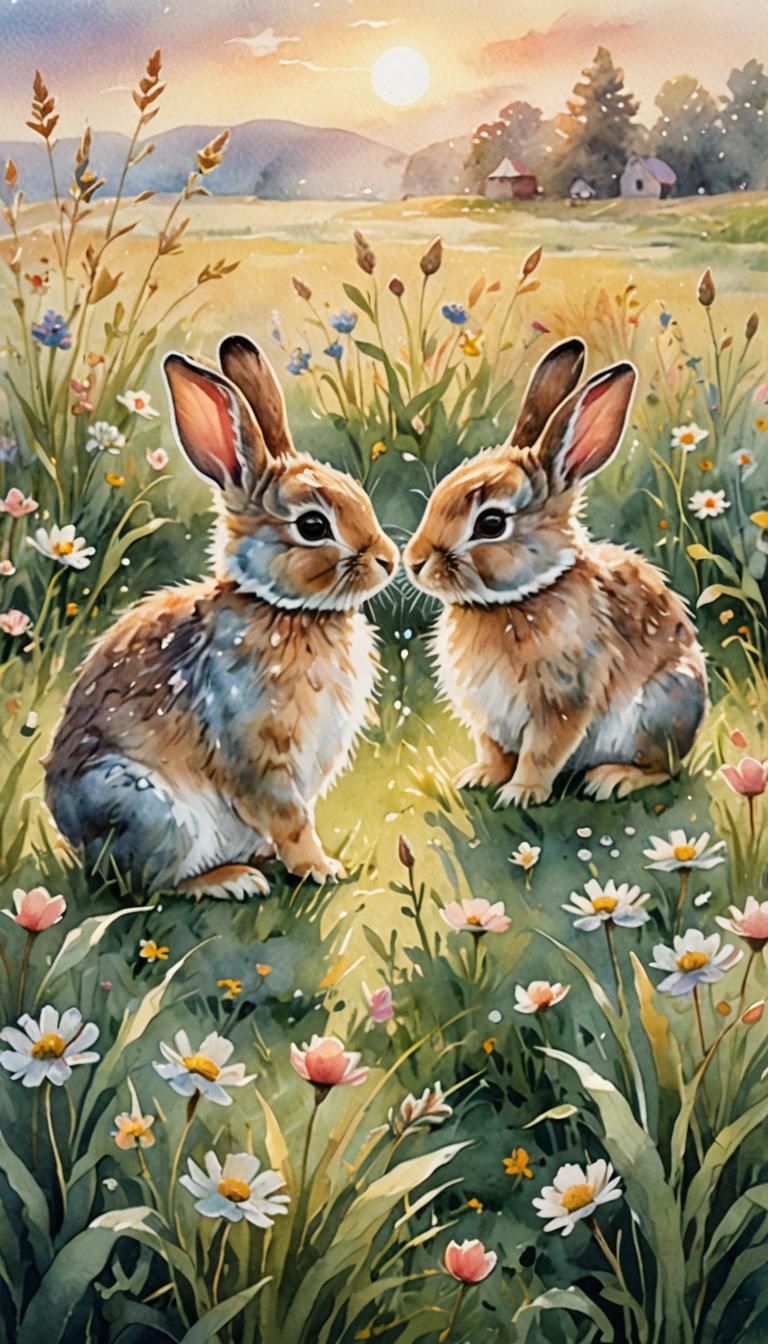 Whimsical Bunnies Playing: Watercolor Folk Art