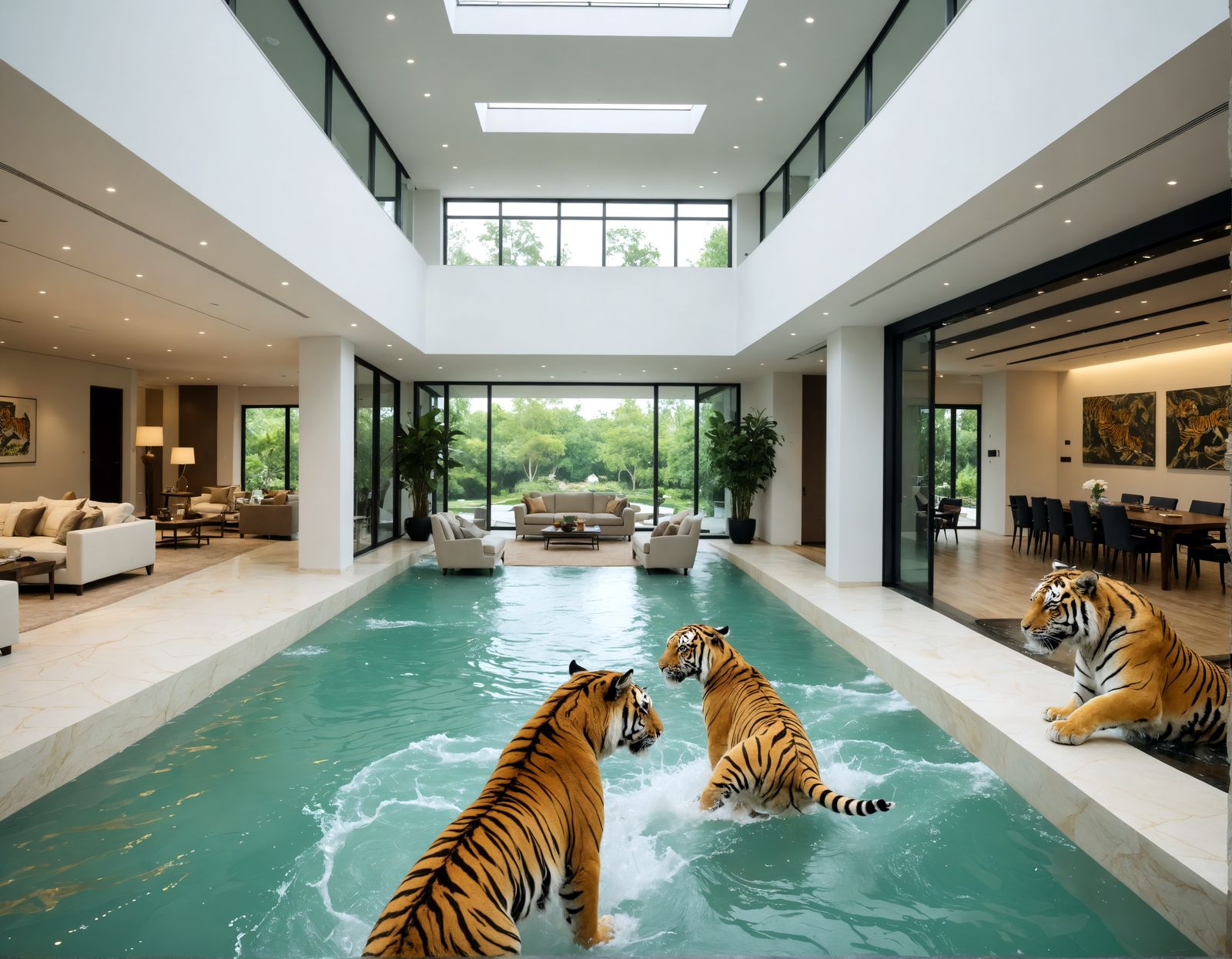 Indoor River Moat with Tigers in Postmodern Home