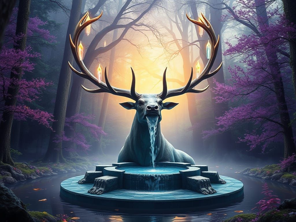 Magical Stag Fountain in Enchanted Forest